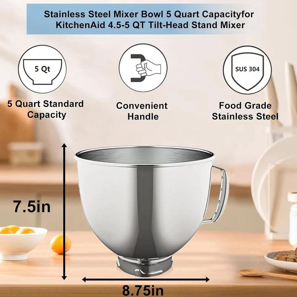 5 Quart Stainless Steel Mixer Bowl for KitchenAid Stand Mixers, Compatible...