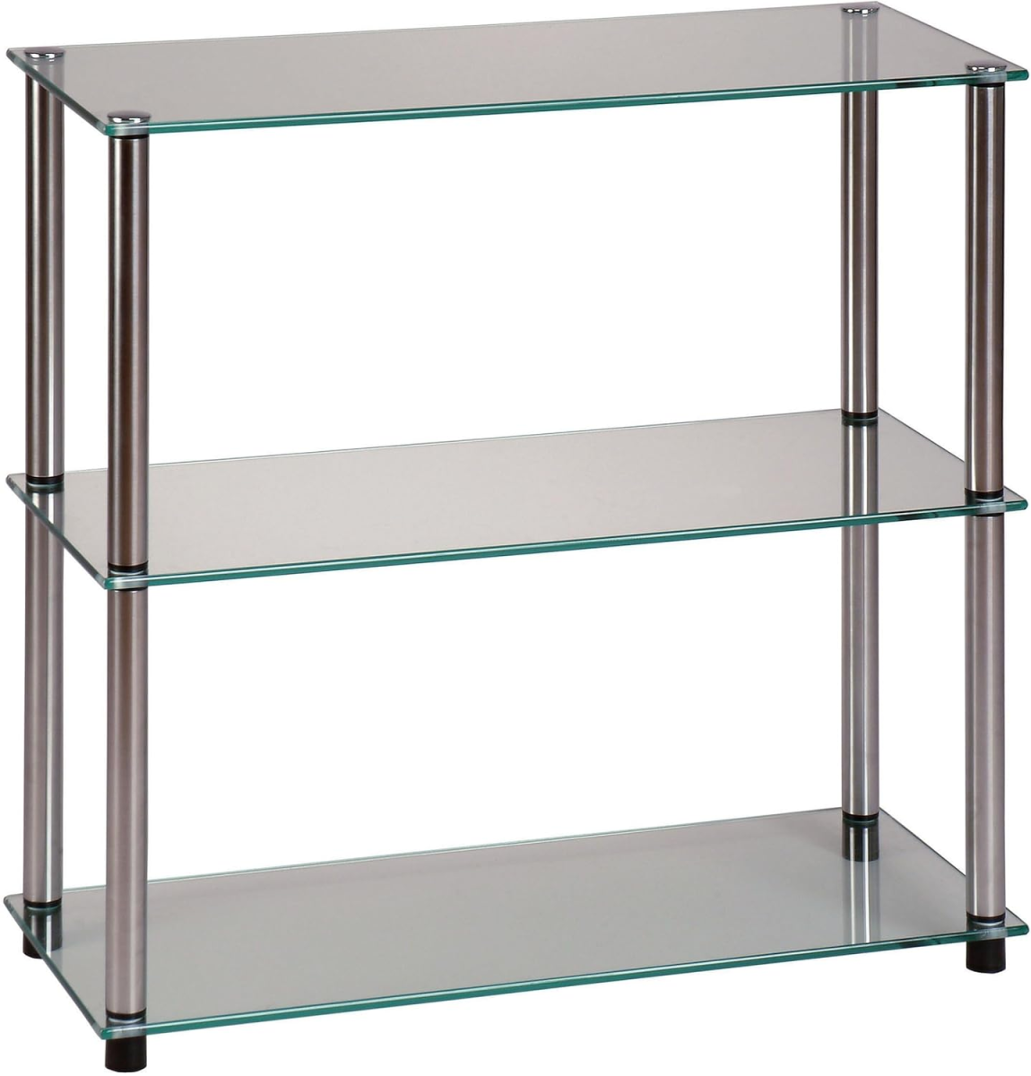 Designs2Go Classic Glass 3-Tier Bookshelf 28" - Modern Media Stainless Steel Bookcase for Living Room, Display Storage Shelves for Family Room, Bathroom, Office, Glass/Chrome