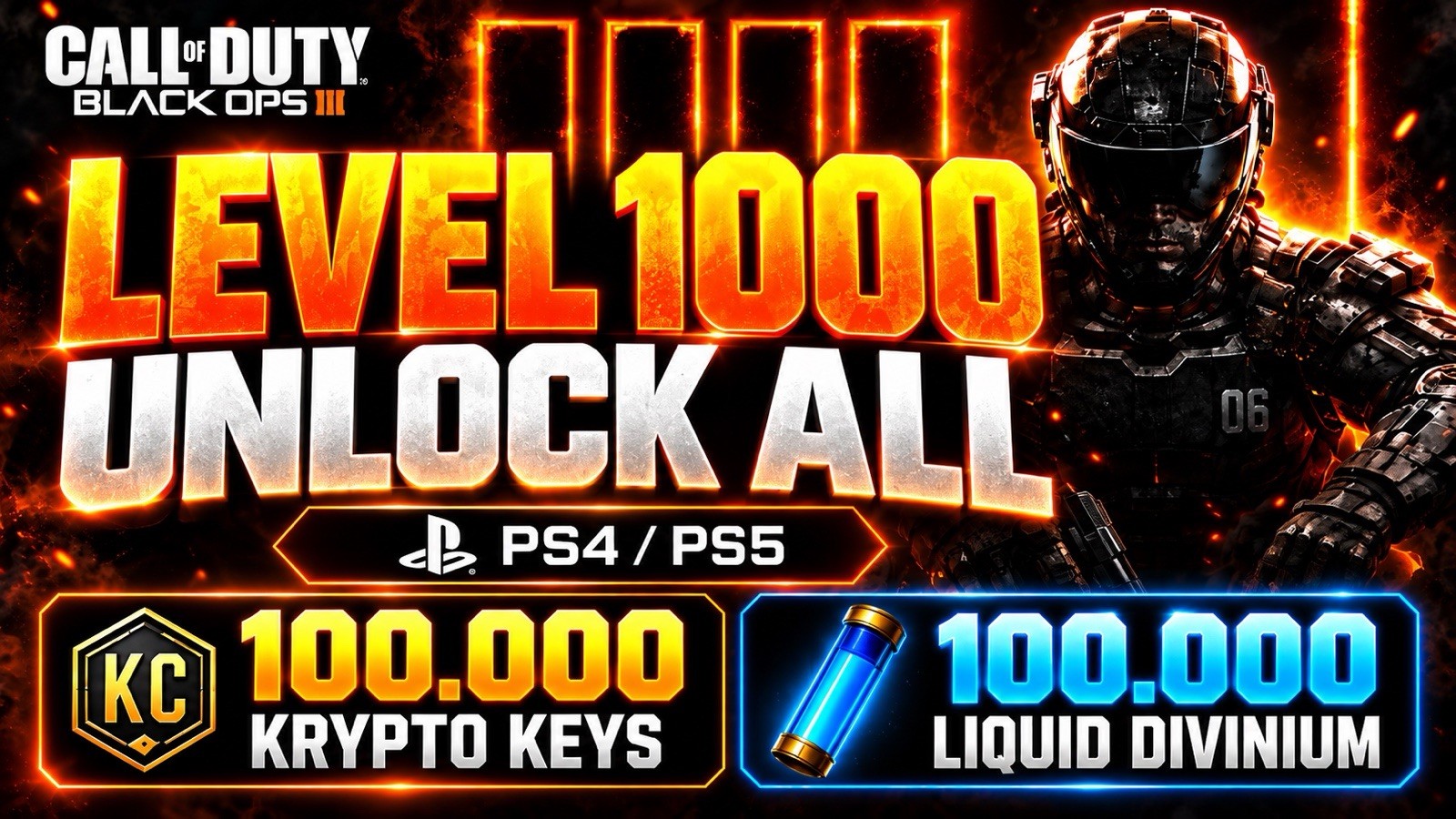 PS5/PS4 BLACK OPS 3 LEVEL 1000 UNLOCK ALL + 100,000 CRYPTO & LIQUID DIVINIUM