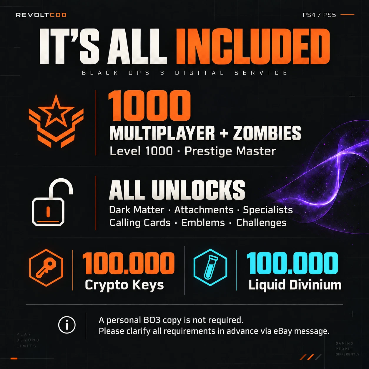 PS5/PS4 BLACK OPS 3 LEVEL 1000 UNLOCK ALL + 100,000 CRYPTO & LIQUID DIVINIUM