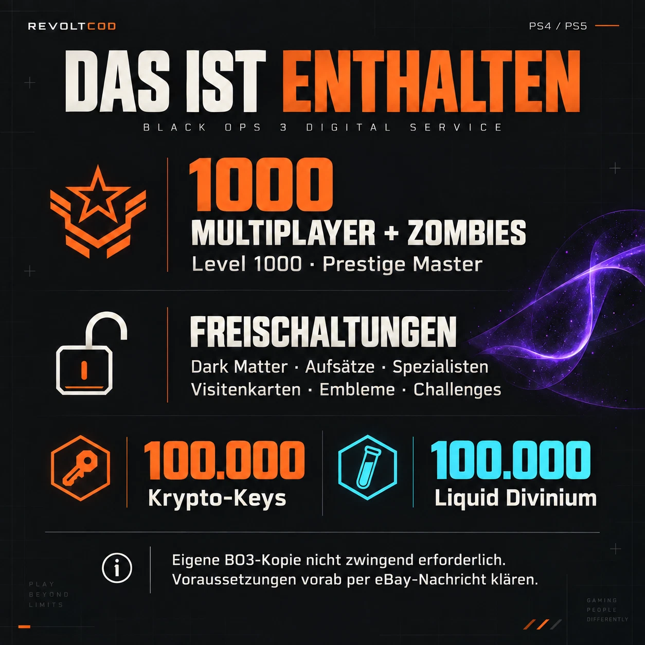 PS5/PS4 BLACK OPS 3 LEVEL 1000 UNLOCK ALL + 100,000 CRYPTO & LIQUID DIVINIUM