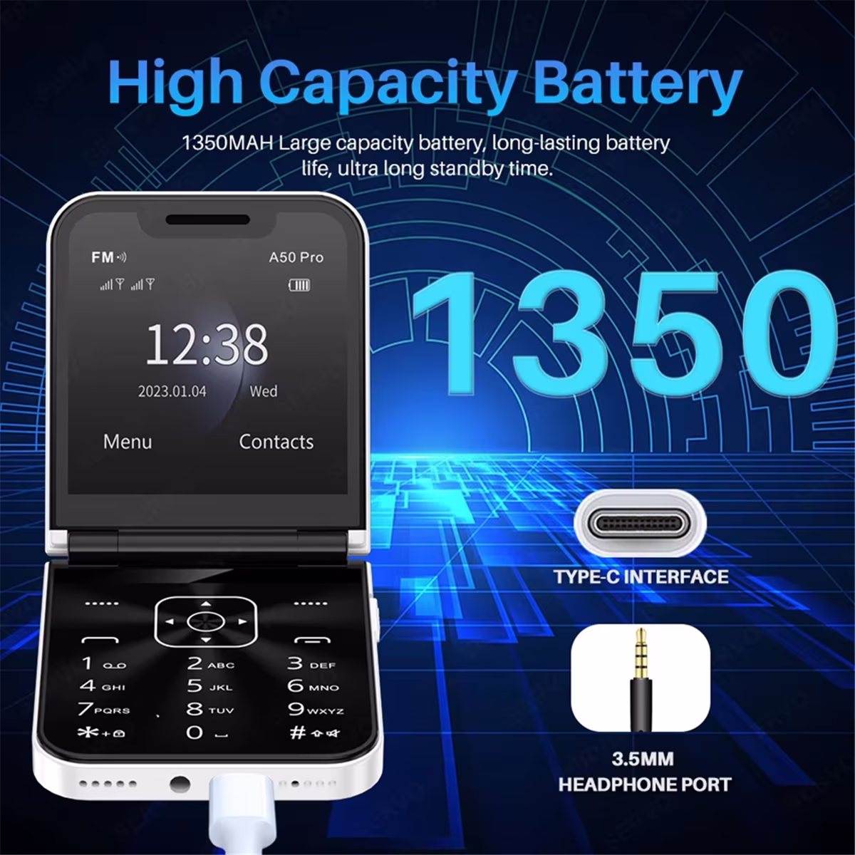 A50 Pro Flip Phone Dual SIM Card GSM Automatic Call Recording 2.4 Inch Screen Foldable Mobile Phones Type-C White