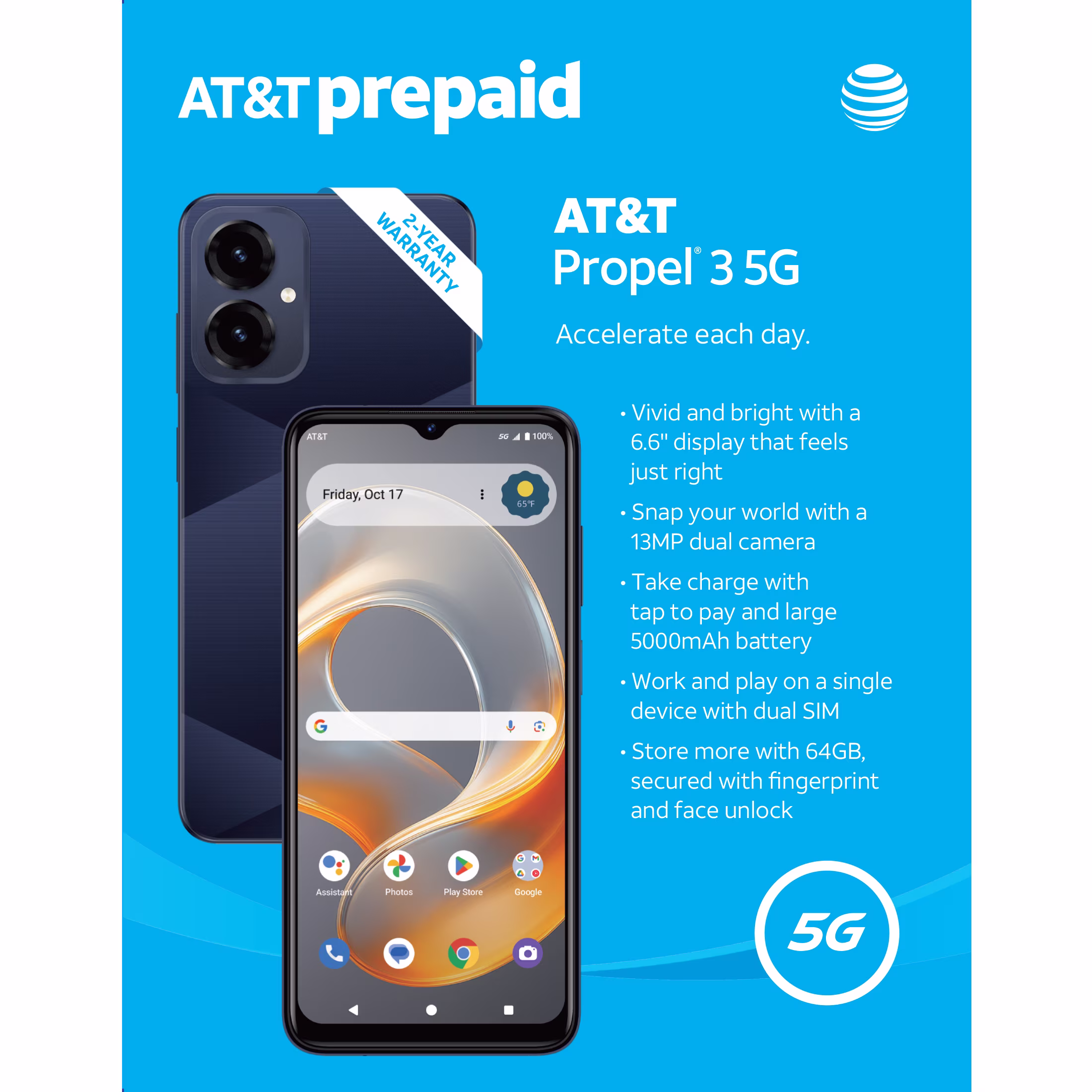 AT&T Propel 3 5G, 64GB, Midnight Blue - Prepaid Smartphone [Locked to AT&T]