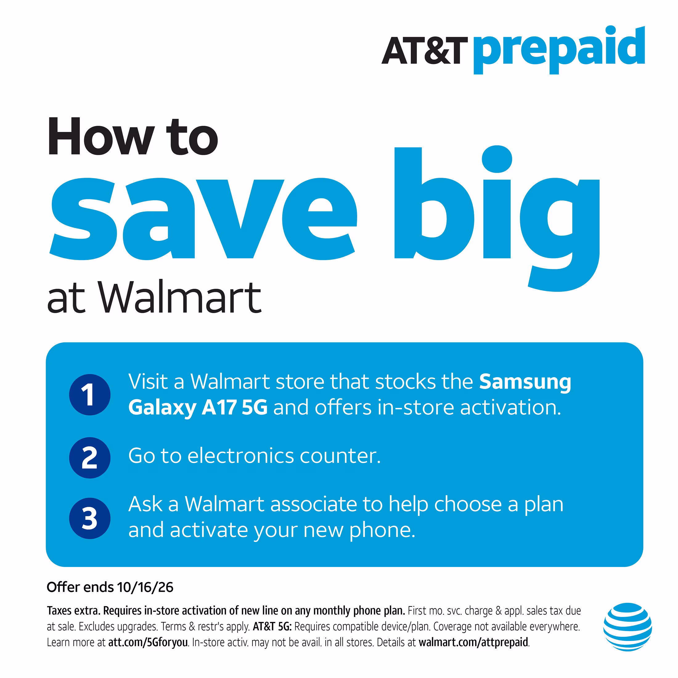 AT&T Samsung Galaxy A17 5G, 128GB, Black - Prepaid Smartphone[Locked to AT&T]