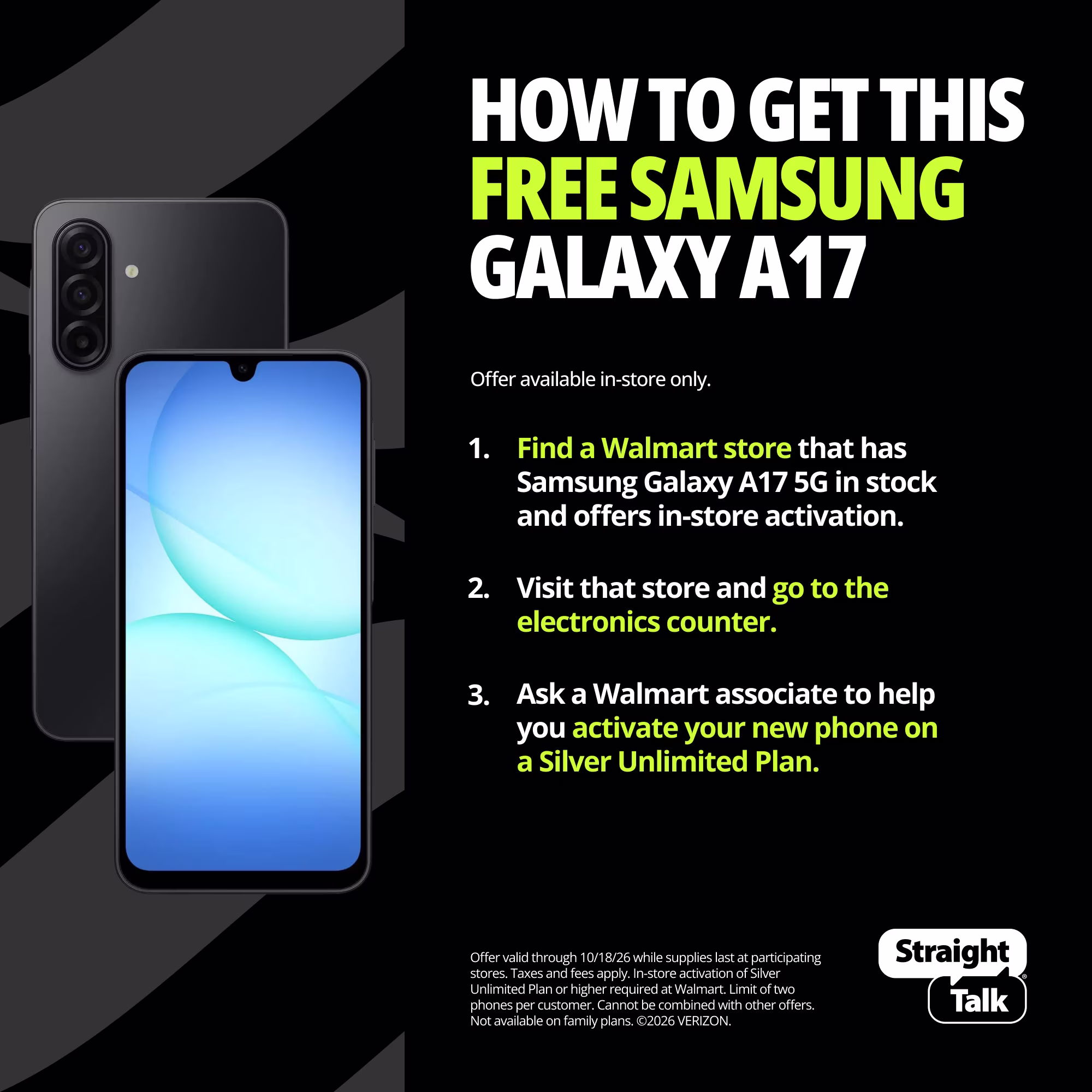 Straight Talk Samsung Galaxy A17, 5G, 128GB, Black - Prepaid Smartphone [Locked to Straight Talk]