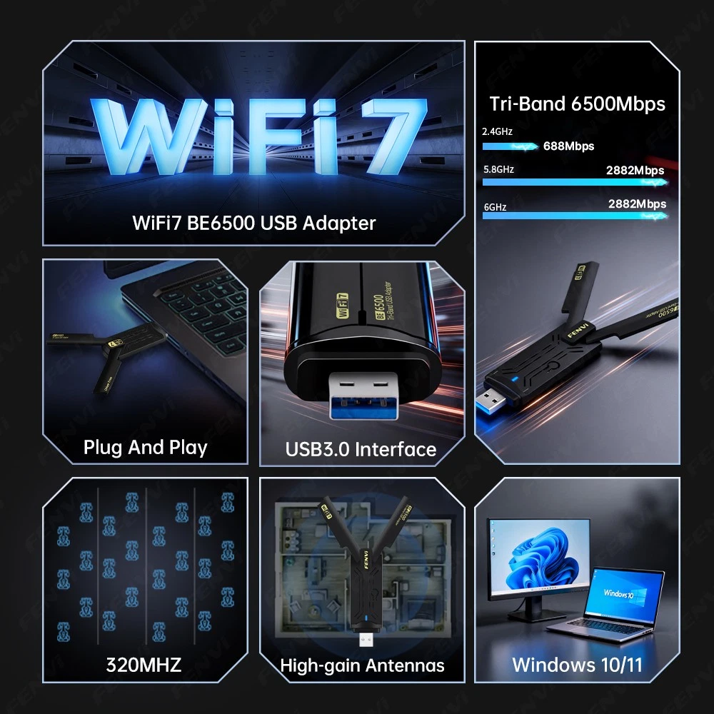 FU-BE6500 WiFi7 USB 3.0 Adapter 6500Mbps Tri-Band Wireless WiFi Dongle Win 10/11
